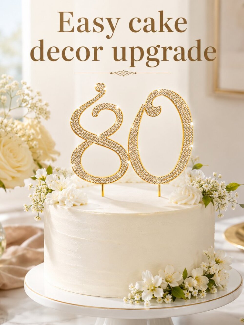 Rhinestone Cake Topper - Number 80 - Gold Metal with Czech Rhinestones